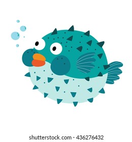 Blue Blowfish cartoon character isolated on white background. 