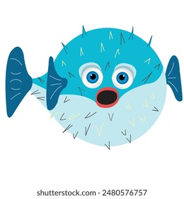 Blue blowfish wih open mouth; illustration of an ocean  fish looking amazed