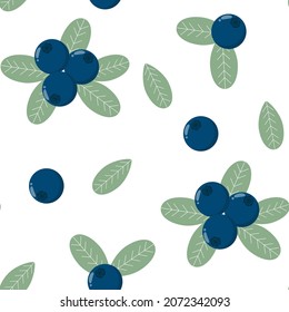 Blue blueberries with green leaves seamless pattern. Background with forest berries and sheets. Berry template for wallpaper, fabric, packaging and product design, vector illustration.