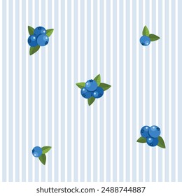Arándanos azules con patrón de hojas sobre fondo rayado azul y blanco