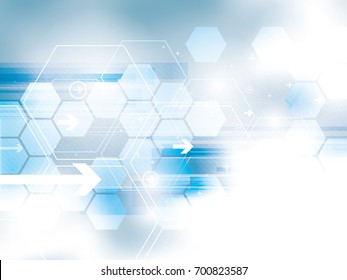 Blue blurred abstract background. Hexagons desing, arrows and rectangles shapes and technology symbols. Background with concept of technology, motion and communication, innovation and new business.