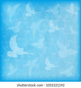 blue blurred background birds doves silhouettes and stars of different sizes