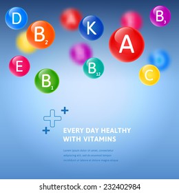 Blue blurred background with falling bubbles of rainbow colored vitamins. Vector illustration about health care, healthy lifestyle and  useful micro elements.