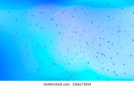 Blue blurred background with neural net nodes pattern, geometric elements. Futuristic sci-fi style backdrop.