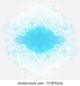 Blue blurred background. White openwork element on a blue background. The central composition. Place for logo or text. Vector graphics. Winter background.