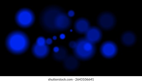 Blue blurred bokeh circles on black background with soft glow, imitating distant lights or defocused highlights in low-light environment.