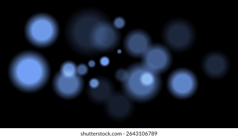 Blue blurred bokeh circles on black background with soft glow, imitating distant lights or defocused highlights in low-light environment.