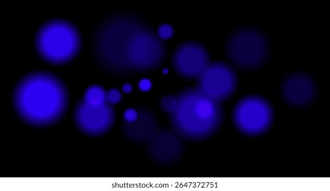 Blue blurred bokeh circles on black background with soft glow, imitating distant lights or defocused highlights in low-light environment.