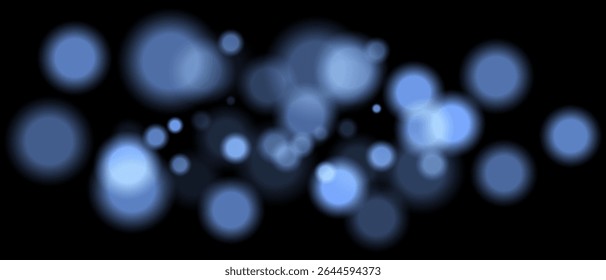 Blue blurred bokeh particles with varying size and opacity on black background. Abstract design element for festive or sci-fi scenes.