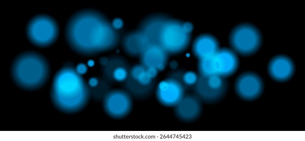 Blue blurred bokeh particles with varying size and opacity on black background. Abstract design element for festive or sci-fi scenes.