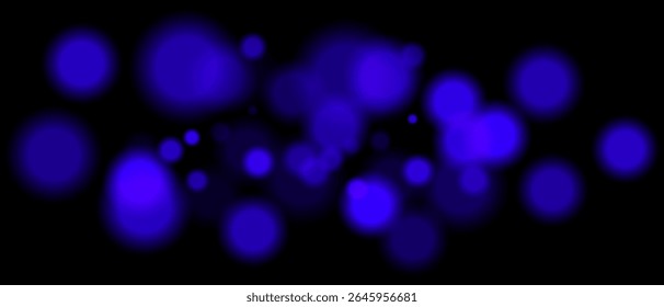 Partículas de bokeh azul desfocadas com tamanho e opacidade variáveis no fundo preto. Elemento de design abstrato para cenas festivas ou de ficção científica.