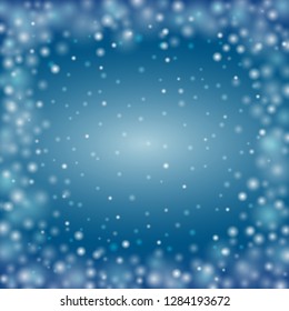 Blue blurred bokeh winter abstract background. Holiday defocused glowing backdrop with blinking dots. EPS 10