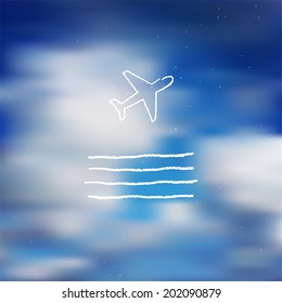 Blue blurred defocused sky cloudy vector postcard, poster with clouds and grunge style airplane sign, design background 