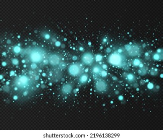 Blue blurred lights, bokeh and particles. Glitter light background. Blue sparkle lights twinkle isolated on transparent background. 