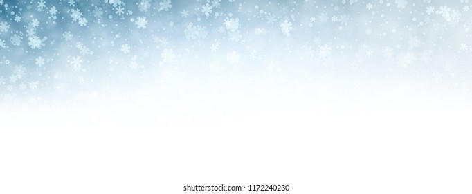 Blue blurred winter banner with snow pattern. Vector background. 