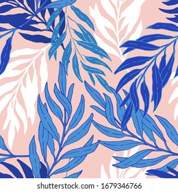 Blue and blush colors illustrations of willow tree leaves. Seamless pattern with hand drawn vector ornament art