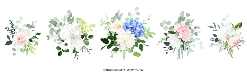 Blue, blush pink hydrangea flowers, roses, dahlia, magnolia emerald greenery and eucalyptus wedding vector bouquets set. Floral pastel watercolor. Blooming garden. Elements are isolated and editable