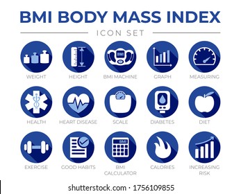 Blue BMI Body Mass Index Round Icon Set Of Weight, Height, BMI Machine, Graph, Measuring, Health, Heart Disease, Scale, Diabetes, Diet, Exercise, Habits, BMI Calculator, Calories, Risk Icons.