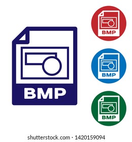 Blue BMP file document icon. Download bmp button icon isolated on white background. BMP file symbol. Set color icon in circle buttons. Vector Illustration
