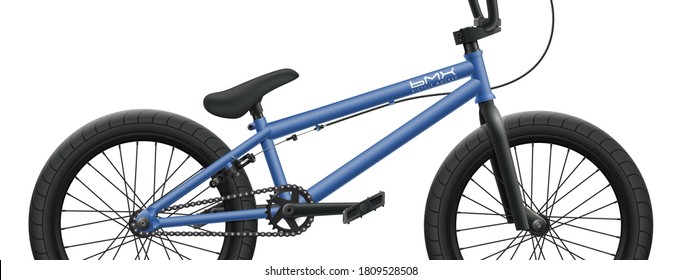 Blue BMX bicycle mockup - right side close-up. Vector illustration of bike isolated on white background with detailed components, parts
