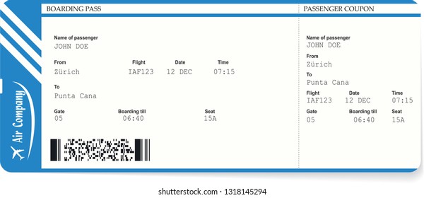 Blue boarding pass or airplane ticket isolated on a white background. Vector illustration. Travel concept