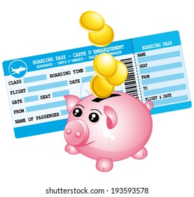 Blue boarding pass and piggy bank. Save for a trip. Vector icon.