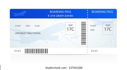 Blue boarding pass (ticket, traveler check template) with aircraft (airplane or plane) silhouette on background. Travel by Aerial Transport. Enjoy your vacation. Isolated vector on white