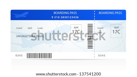 Blue boarding pass (ticket, traveler check template) with aircraft (airplane or plane) silhouette on background. Travel by Aerial Transport. Enjoy your vacation. Isolated vector on white