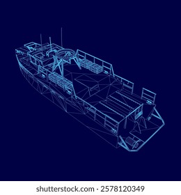 Blue boat with a blue background. The boat is shown in a 3D format. The boat is a large ship with a blue design