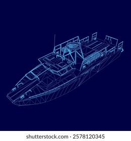 Blue boat is displayed in a blue background. The boat is a 3D model and is shown in a blue color