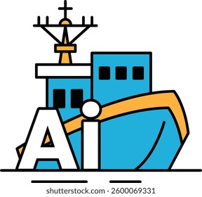 A blue boat with the letters AI on it. The boat is in the water and has a small boat on it