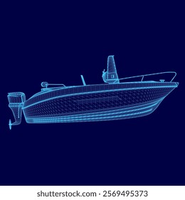 Blue boat with a motor and propeller. Side view