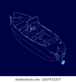 Blue boat with a motor and a steering wheel. The boat is shown in a blue drawing. Isometric view