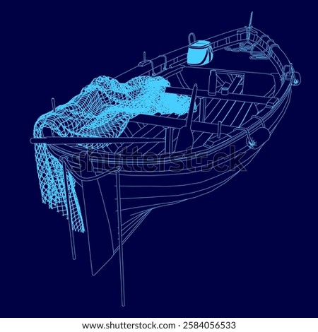 A blue boat with a net on it. The boat is on the water