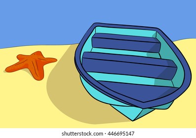 Blue boat on the beach next to starfish