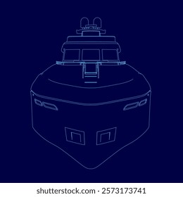 Blue boat outline. The boat is shown in a blue drawing. Front view