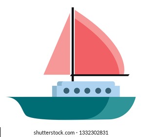 A blue boat with a pink colored sail, vector, color drawing or illustration.