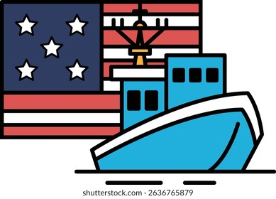 A blue boat is positioned next to a red, white, and blue American flag. The boat appears to be a fishing vessel, as it is depicted in a way that suggests it is out at sea. The flag, on the other hand
