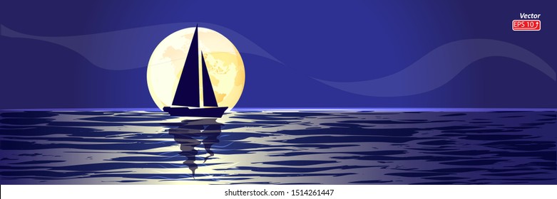 Blue Boat with sail in night sea, ocean isolated on blue background, yellow moon vector illustration