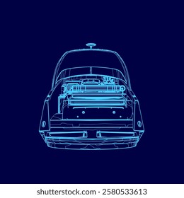 Blue boat is shown in a blue background. The boat is a small speed boat