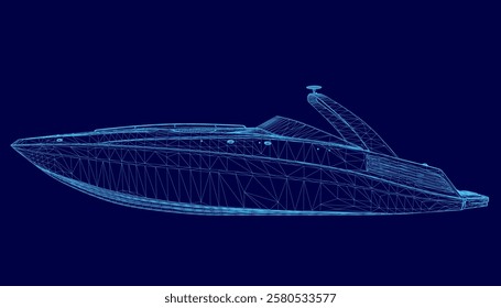 Blue boat is shown in a computerized image. The boat is shown in a very detailed and realistic way. Concept of excitement and adventure