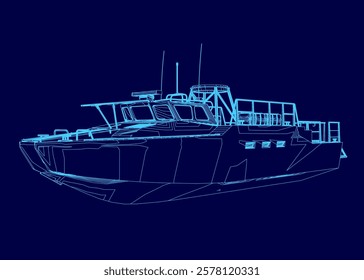 Blue boat is shown in a blue drawing. The boat is large and has a lot of detail, including the windows and the steering wheel