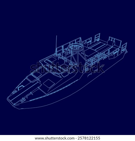 Blue boat is shown in a blue drawing. The boat is a small boat with a motor and a radio