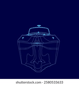 Blue boat is shown in outline. The boat is shown from the front view and is very detailed
