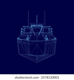 Blue boat is shown in a stylized way. The boat is a large, modern design with a sleek, streamlined appearance. The blue color of the boat gives it a sense of calmness and serenity