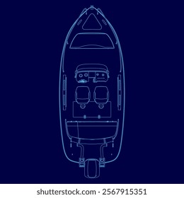 Blue boat with a stripe on the side. The boat is shown in a blue drawing