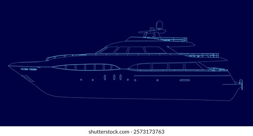 Blue boat with a stripe is shown in a blue background. The boat is a large yacht with a stripe on the side