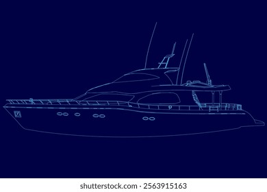 Blue boat with a stripe is shown in a blue drawing. The boat is large and has a sleek design. Scene is calm and serene, as the boat appears to be floating on calm waters