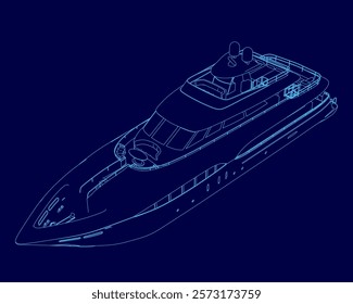 Blue boat with a top is shown in a blue background. The boat is a large yacht with a top. Isometric view