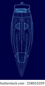 Blue boat wireframe. The boat appears to be a large yacht or cruise ship, with a prominent front end and a small, circular window